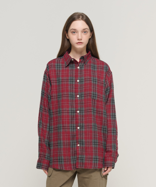 CARGOBROS FOR WOMAN(カーゴブロスフォーウィメン)の「トーンダウンチェックオーバーサイズコットンシャツ(レッド)(シャツ/ブラウス・レディース・その他・FREE)」の4枚目の写真