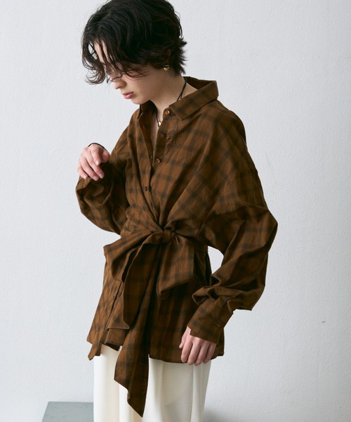 極美品★マチャット アシメカラー ブラウス タック リボン 長袖 ブラウン F 極美品☆マチャット アシメカラー ブラウス タック リボン 長袖