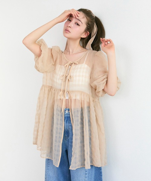Tiny EDEN（タイニーエデン）の「【2WAY】シアーパフ半袖チュニックブラウス（シャツ/ブラウス・レディース・ベージュ/ブルー・FREE）」の4枚目の写真