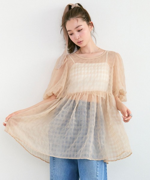 Tiny EDEN（タイニーエデン）の「【2WAY】シアーパフ半袖チュニックブラウス（シャツ/ブラウス・レディース・ベージュ/ブルー・FREE）」の7枚目の写真