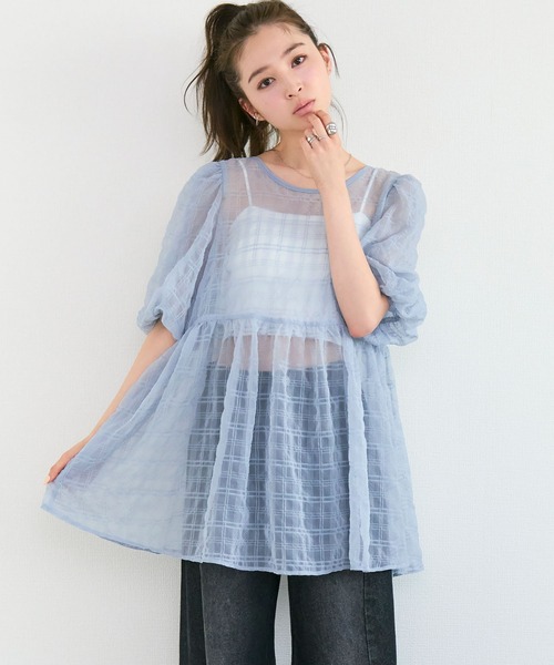 Tiny EDEN（タイニーエデン）の「【2WAY】シアーパフ半袖チュニックブラウス（シャツ/ブラウス・レディース・ベージュ/ブルー・FREE）」の19枚目の写真
