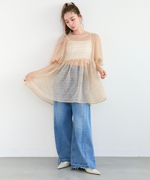 Tiny EDEN（タイニーエデン）の「【2WAY】シアーパフ半袖チュニックブラウス（シャツ/ブラウス・レディース・ベージュ/ブルー・FREE）」の13枚目の写真