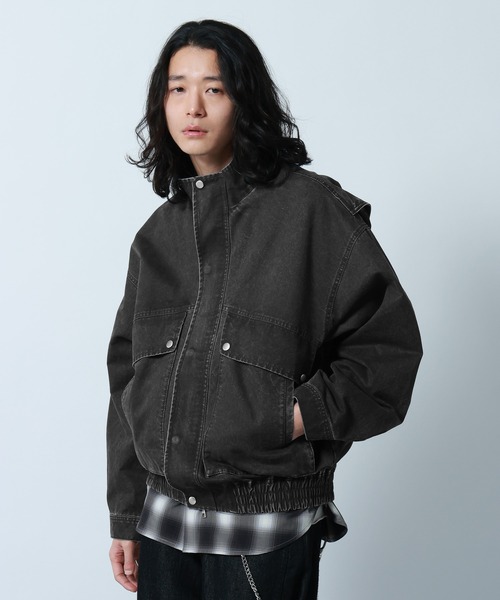 セール】Stand Neck Denim Bomber Jacket/スタンドネックデニム