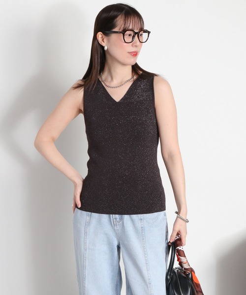 cepo（セポ）の「〈前後2way〉ラメソウバリニットタンクトップ（タンクトップ・レディース・ブラック/オフホワイト/ベージュ・M）」の2枚目の写真
