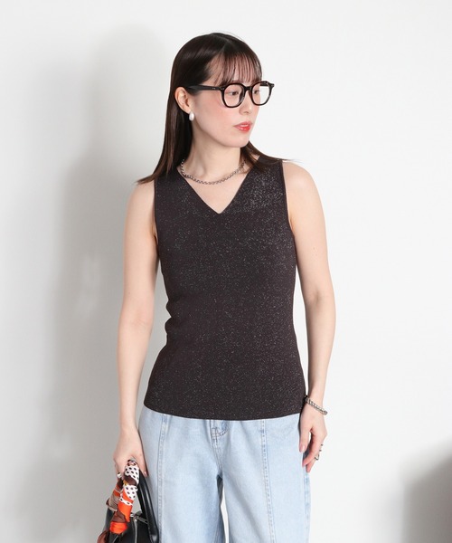 cepo（セポ）の「〈前後2way〉ラメソウバリニットタンクトップ（タンクトップ・レディース・ブラック/オフホワイト/ベージュ・M）」の7枚目の写真