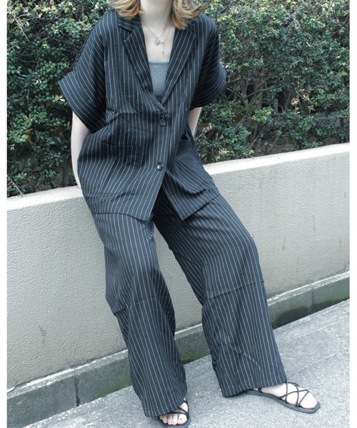 amini(アミニ)の「ベスト×パンツ リネンライク セットアップ(Tシャツ/カットソー・レディース・ブラック系その他/ブラック・MEDIUM)」の2枚目の写真