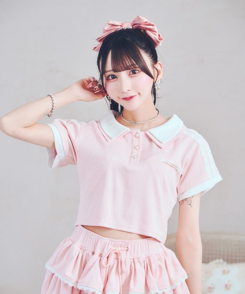 ReAmour(リアムール)の「レースラインTシャツ(Tシャツ/カットソー・レディース・ピンク/ブラック・FREE)」の1枚目の写真