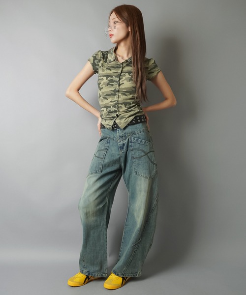 SPINNS(スピンズ)の「前ポケット付きバルーンパンツ/ステッチ(デニムパンツ・レディース・サックスブルー/ネイビー・ONESIZE)」の7枚目の写真