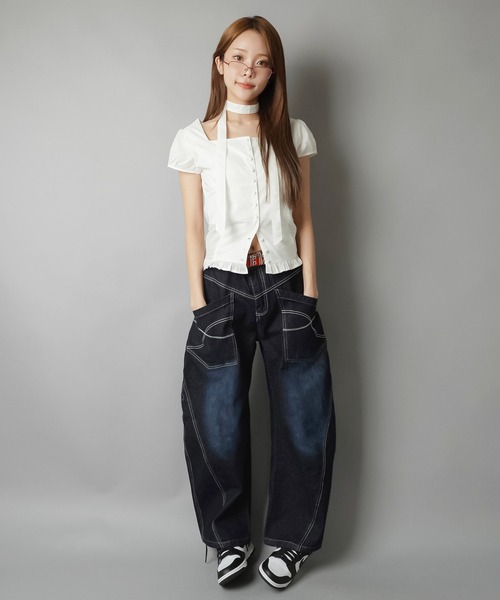 SPINNS(スピンズ)の「前ポケット付きバルーンパンツ/ステッチ(デニムパンツ・レディース・サックスブルー/ネイビー・ONESIZE)」の21枚目の写真