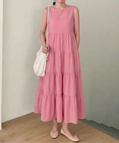 Maison Calme(メゾンカルム)の「【26年春夏新作】3 色展開ノースリーブ ティアードワンピース レディース 夏 ロング丈(ワンピース・レディース・ブラック/ピンク/ベージュ・F)」の3枚目の写真