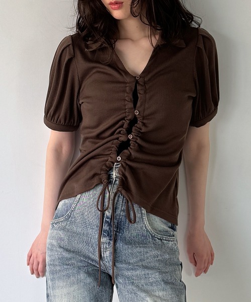 junoah（ジュノア）の「ドロストデザインリブトップス（Tシャツ/カットソー・レディース・ダークブラウン/グレー/ブラック・SMALL/MEDIUM/LARGE）」の3枚目の写真