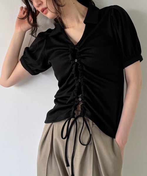 junoah（ジュノア）の「ドロストデザインリブトップス（Tシャツ/カットソー・レディース・ダークブラウン/グレー/ブラック・SMALL/MEDIUM/LARGE）」の2枚目の写真