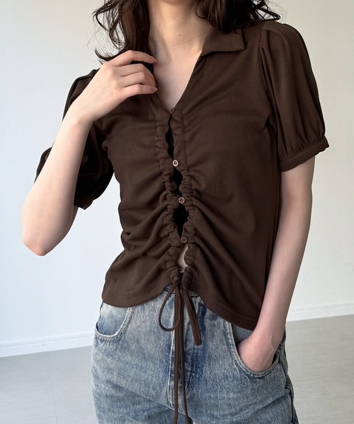junoah（ジュノア）の「ドロストデザインリブトップス（Tシャツ/カットソー・レディース・ダークブラウン/グレー/ブラック・SMALL/MEDIUM/LARGE）」の4枚目の写真