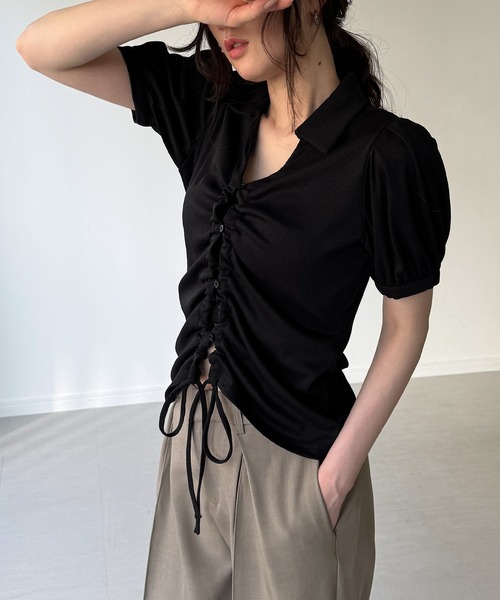 junoah（ジュノア）の「ドロストデザインリブトップス（Tシャツ/カットソー・レディース・ダークブラウン/グレー/ブラック・SMALL/MEDIUM/LARGE）」の7枚目の写真
