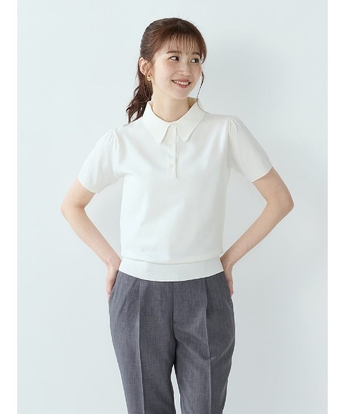 Perfect Suit FActory(パーフェクトスーツファクトリー)の「ベーシックニットポロシャツ オフホワイト/ブラック/イエロー/L.グリーン/ネイビー(Tシャツ/カットソー・レディース・ライトグリーン/オフホワイト/ネイビー/イエロー/ブラック・L/M)」の1枚目の写真