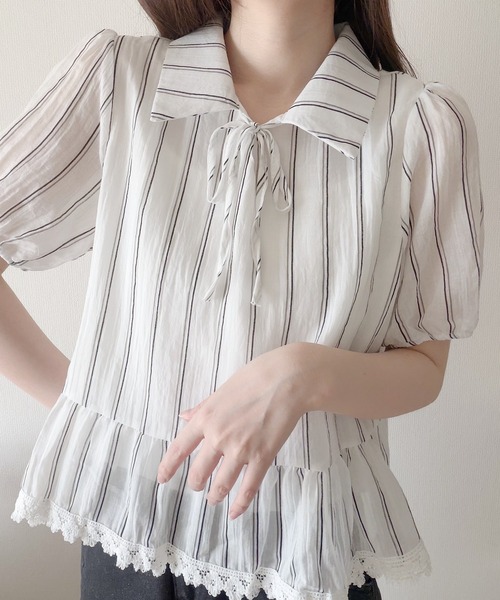 Nana(ナナ)の「ストライプリボンシアーブラウス(シャツ/ブラウス・レディース・ホワイト/ベージュ・FREE)」の6枚目の写真
