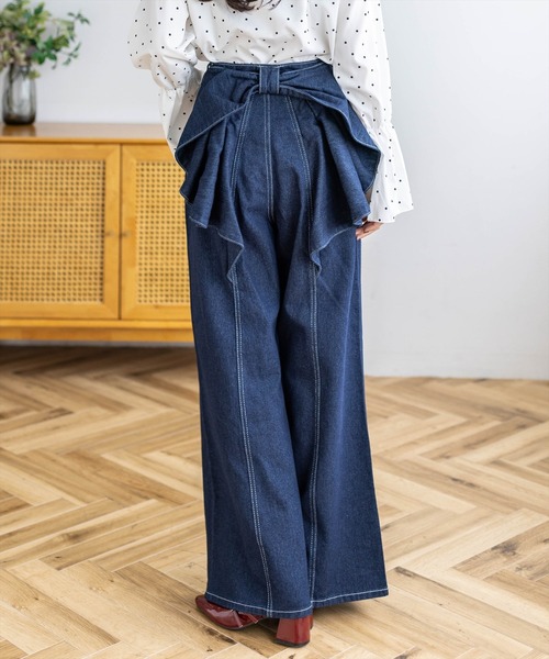 self-portrait リボン柄ワイドデニムパンツ　SIZE26 セール】【低身長対応／サイズ展開あり】バックリボンワイドデニム