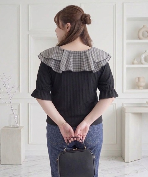 p courge(ピークルジュ)の「ギンガムチュールフリルリブ半袖カットソー(Tシャツ/カットソー・レディース・ベージュ/オフホワイト/ブラック・LL/3L)」の14枚目の写真
