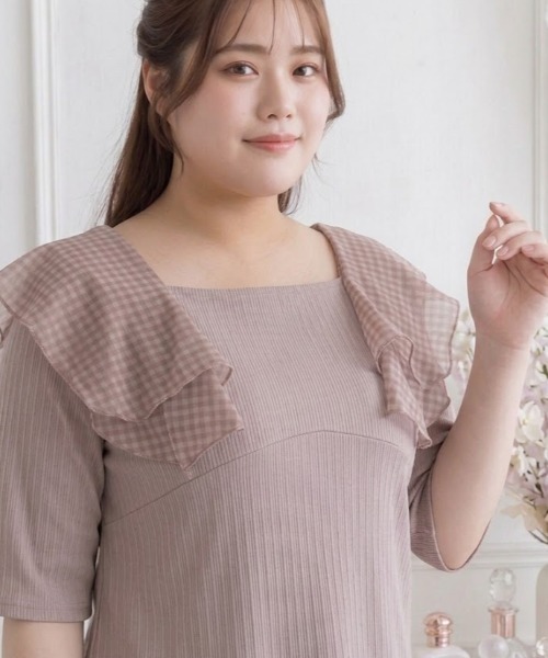 p courge(ピークルジュ)の「ギンガムチュールフリルリブ半袖カットソー(Tシャツ/カットソー・レディース・ベージュ/オフホワイト/ブラック・LL/3L)」の15枚目の写真