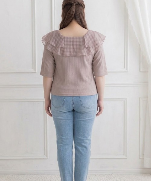 p courge(ピークルジュ)の「ギンガムチュールフリルリブ半袖カットソー(Tシャツ/カットソー・レディース・ベージュ/オフホワイト/ブラック・LL/3L)」の20枚目の写真
