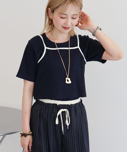 AMERICAN HOLIC(アメリカンホリック)の「【2点セット】配色キャミ+Tシャツ(Tシャツ/カットソー・レディース・ネイビー/ブラウン/レッド・M/L)」の1枚目の写真