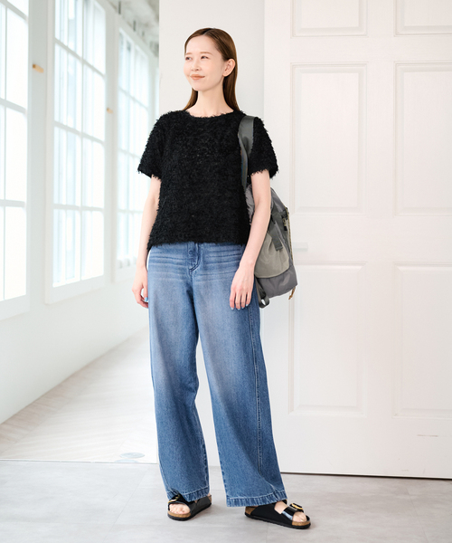 U by SPICK&SPAN（ユーバイスピックアンドスパン）の「フェザーシアーハーフスリーブブラウス（シャツ/ブラウス・レディース・ブラック/アイボリー・FREE）」の3枚目の写真