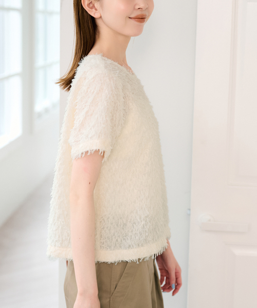 U by SPICK&SPAN（ユーバイスピックアンドスパン）の「フェザーシアーハーフスリーブブラウス（シャツ/ブラウス・レディース・ブラック/アイボリー・FREE）」の18枚目の写真