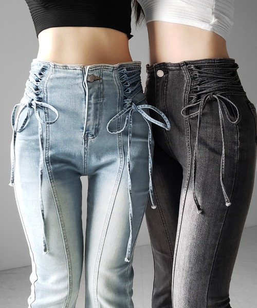me+em select(ミームセレクト)の「【 2color / 3size 】サイドレースアップリボン美脚ストレッチフレアデニム / side laceup ribbon slim leg stretch flare denim(デニムパンツ・レディース・ブルー/ブラック・LARGE/MEDIUM/SMALL)」の1枚目の写真