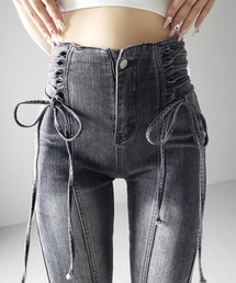 【 2color / 3size 】サイドレースアップリボン美脚ストレッチフレアデニム / side laceup ribbon slim leg stretch flare denim