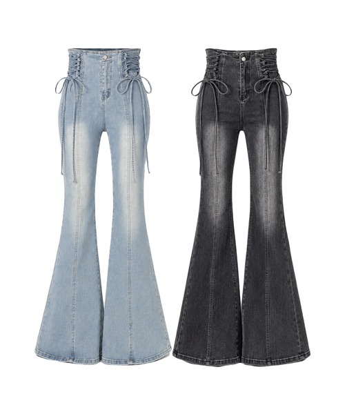 me+em select(ミームセレクト)の「【 2color / 3size 】サイドレースアップリボン美脚ストレッチフレアデニム / side laceup ribbon slim leg stretch flare denim(デニムパンツ・レディース・ブルー/ブラック・LARGE/MEDIUM/SMALL)」の5枚目の写真
