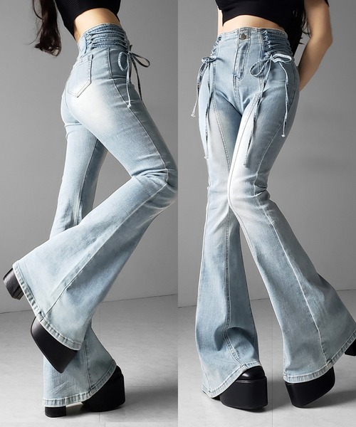 me+em select(ミームセレクト)の「【 2color / 3size 】サイドレースアップリボン美脚ストレッチフレアデニム / side laceup ribbon slim leg stretch flare denim(デニムパンツ・レディース・ブルー/ブラック・LARGE/MEDIUM/SMALL)」の7枚目の写真