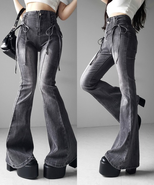 me+em select(ミームセレクト)の「【 2color / 3size 】サイドレースアップリボン美脚ストレッチフレアデニム / side laceup ribbon slim leg stretch flare denim(デニムパンツ・レディース・ブルー/ブラック・LARGE/MEDIUM/SMALL)」の8枚目の写真