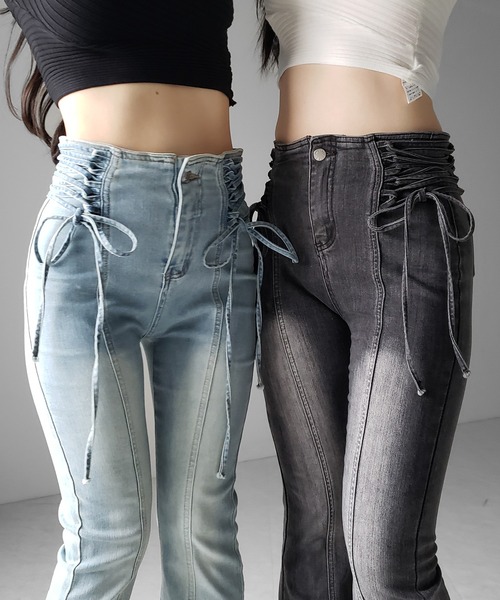 me+em select(ミームセレクト)の「【 2color / 3size 】サイドレースアップリボン美脚ストレッチフレアデニム / side laceup ribbon slim leg stretch flare denim(デニムパンツ・レディース・ブルー/ブラック・LARGE/MEDIUM/SMALL)」の10枚目の写真