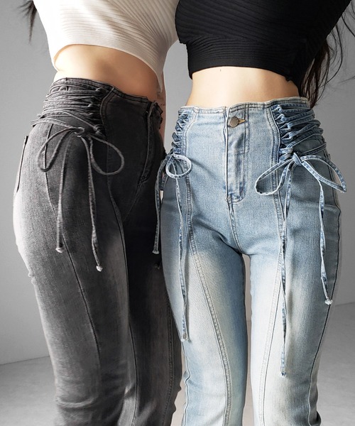 me+em select(ミームセレクト)の「【 2color / 3size 】サイドレースアップリボン美脚ストレッチフレアデニム / side laceup ribbon slim leg stretch flare denim(デニムパンツ・レディース・ブルー/ブラック・LARGE/MEDIUM/SMALL)」の9枚目の写真