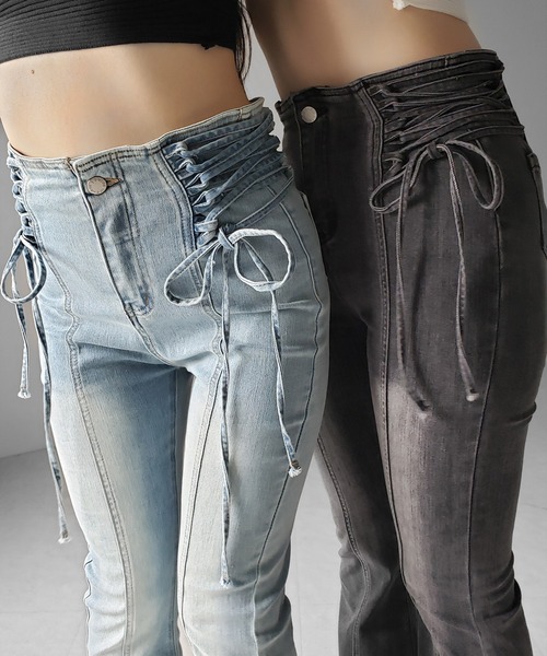 me+em select(ミームセレクト)の「【 2color / 3size 】サイドレースアップリボン美脚ストレッチフレアデニム / side laceup ribbon slim leg stretch flare denim(デニムパンツ・レディース・ブルー/ブラック・LARGE/MEDIUM/SMALL)」の11枚目の写真