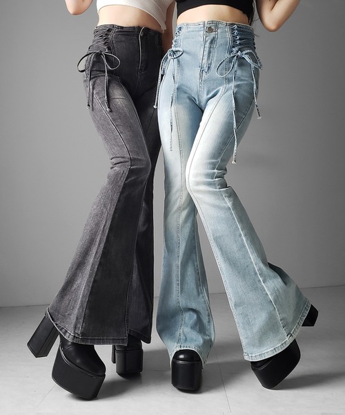 me+em select(ミームセレクト)の「【 2color / 3size 】サイドレースアップリボン美脚ストレッチフレアデニム / side laceup ribbon slim leg stretch flare denim(デニムパンツ・レディース・ブルー/ブラック・LARGE/MEDIUM/SMALL)」の15枚目の写真