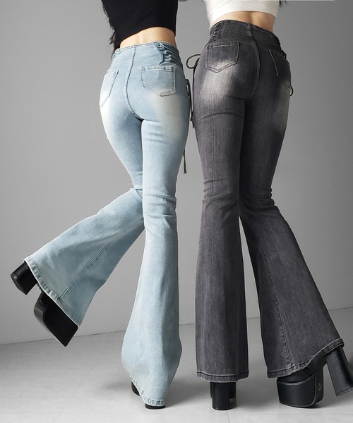 me+em select(ミームセレクト)の「【 2color / 3size 】サイドレースアップリボン美脚ストレッチフレアデニム / side laceup ribbon slim leg stretch flare denim(デニムパンツ・レディース・ブルー/ブラック・LARGE/MEDIUM/SMALL)」の18枚目の写真