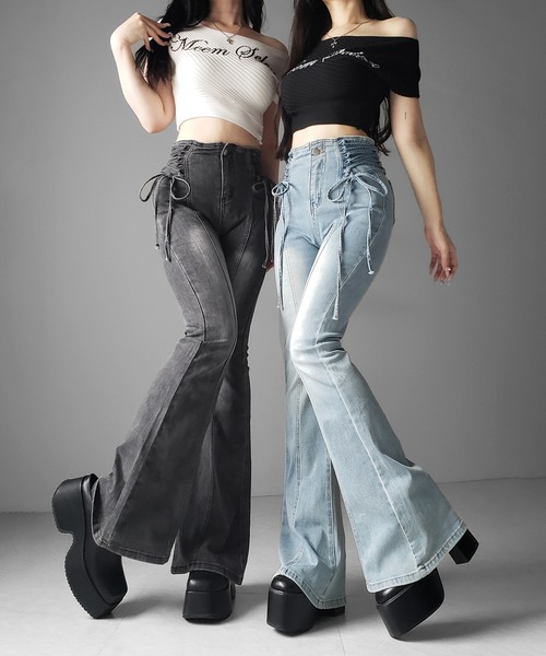 me+em select(ミームセレクト)の「【 2color / 3size 】サイドレースアップリボン美脚ストレッチフレアデニム / side laceup ribbon slim leg stretch flare denim(デニムパンツ・レディース・ブルー/ブラック・LARGE/MEDIUM/SMALL)」の21枚目の写真