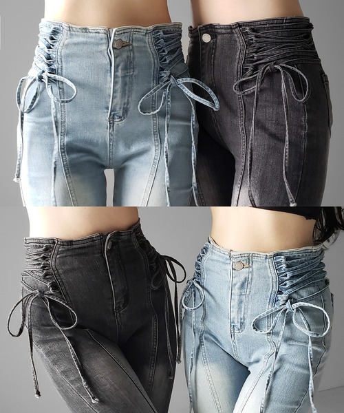 me+em select(ミームセレクト)の「【 2color / 3size 】サイドレースアップリボン美脚ストレッチフレアデニム / side laceup ribbon slim leg stretch flare denim(デニムパンツ・レディース・ブルー/ブラック・LARGE/MEDIUM/SMALL)」の6枚目の写真
