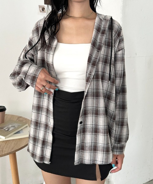 CLEA(クレア)の「チェック柄フード付きオーバーシャツジャケット(Tシャツ/カットソー・レディース・ネイビー/カーキ/ブラウン/ブラック・FREE)」の21枚目の写真