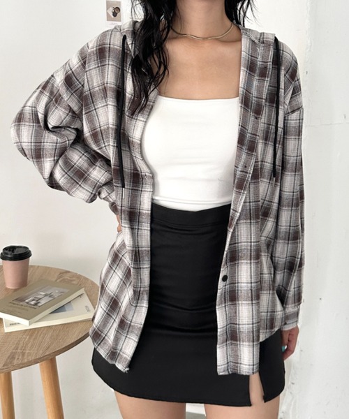CLEA(クレア)の「チェック柄フード付きオーバーシャツジャケット(Tシャツ/カットソー・レディース・ネイビー/カーキ/ブラウン/ブラック・FREE)」の22枚目の写真