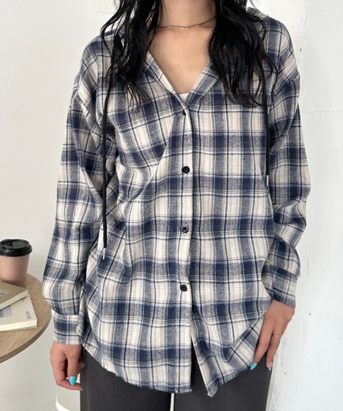 CLEA(クレア)の「チェック柄フード付きオーバーシャツジャケット(Tシャツ/カットソー・レディース・ネイビー/カーキ/ブラウン/ブラック・FREE)」の8枚目の写真