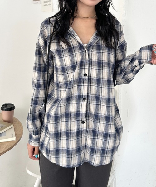 CLEA(クレア)の「チェック柄フード付きオーバーシャツジャケット(Tシャツ/カットソー・レディース・ネイビー/カーキ/ブラウン/ブラック・FREE)」の9枚目の写真