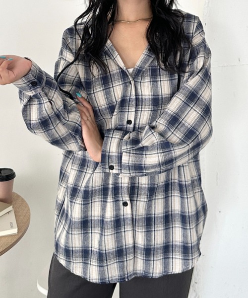 CLEA(クレア)の「チェック柄フード付きオーバーシャツジャケット(Tシャツ/カットソー・レディース・ネイビー/カーキ/ブラウン/ブラック・FREE)」の10枚目の写真