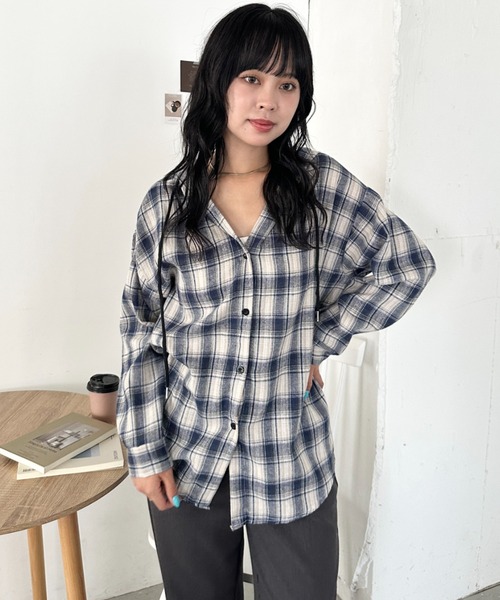 CLEA(クレア)の「チェック柄フード付きオーバーシャツジャケット(Tシャツ/カットソー・レディース・ネイビー/カーキ/ブラウン/ブラック・FREE)」の11枚目の写真
