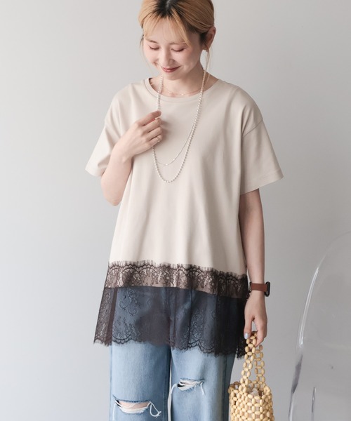 AMERICAN HOLIC(アメリカンホリック)の「【接触冷感】裾レース半袖プルオーバー(Tシャツ/カットソー・レディース・オフホワイト/グレイッシュベージュ/ブラック・M/L)」の3枚目の写真