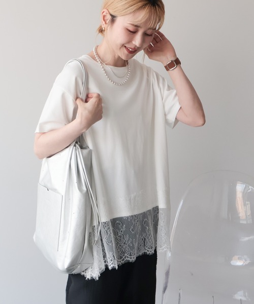 AMERICAN HOLIC(アメリカンホリック)の「【接触冷感】裾レース半袖プルオーバー(Tシャツ/カットソー・レディース・オフホワイト/グレイッシュベージュ/ブラック・M/L)」の4枚目の写真