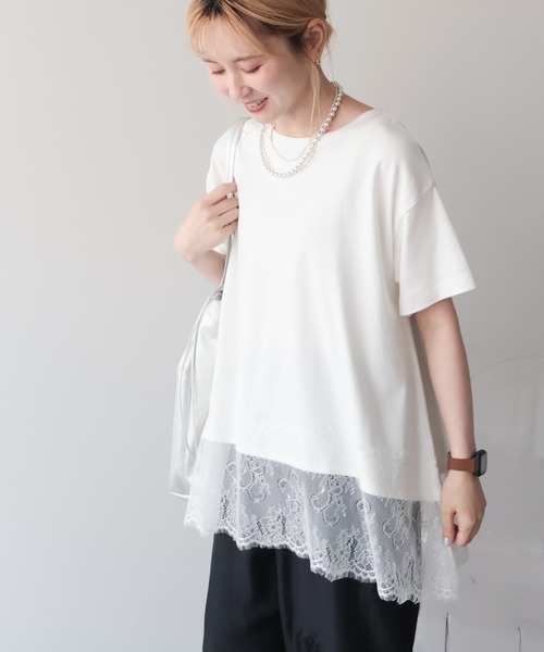 AMERICAN HOLIC(アメリカンホリック)の「【接触冷感】裾レース半袖プルオーバー(Tシャツ/カットソー・レディース・オフホワイト/グレイッシュベージュ/ブラック・M/L)」の5枚目の写真