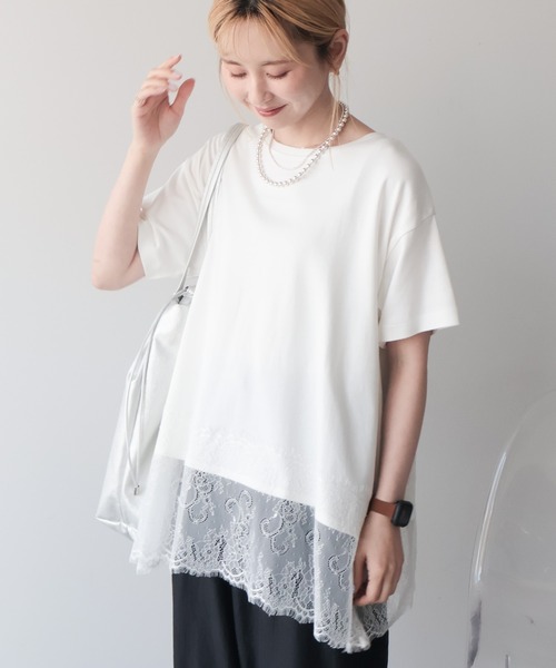 AMERICAN HOLIC(アメリカンホリック)の「【接触冷感】裾レース半袖プルオーバー(Tシャツ/カットソー・レディース・オフホワイト/グレイッシュベージュ/ブラック・M/L)」の8枚目の写真