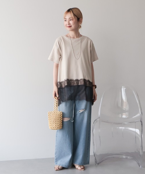 AMERICAN HOLIC(アメリカンホリック)の「【接触冷感】裾レース半袖プルオーバー(Tシャツ/カットソー・レディース・オフホワイト/グレイッシュベージュ/ブラック・M/L)」の9枚目の写真